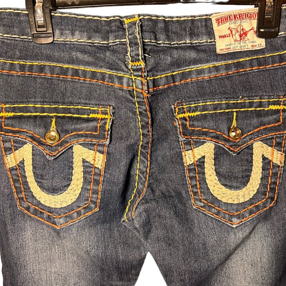 True Religion Women's Straight Leg Jeans - Blue with White & Orange Stitching - Picture 5 of 8